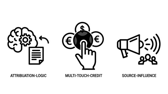 Set of three icons: brain with gears and document representing logic, hand touching globe with currency symbols for multi-touch credit, and megaphone with sound waves for source influence