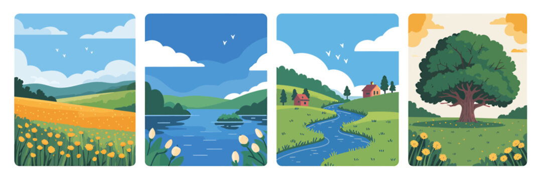 Collection of four landscape illustrations with rolling hills and clouds