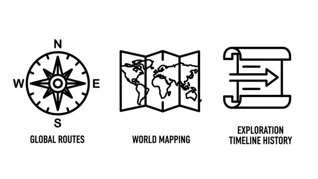 Compass icon for global routes, world map, and timeline arrow icon for exploration history and mapping