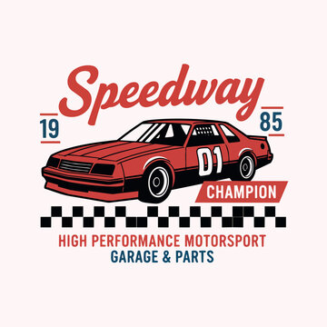 A vintage red stock car with the number D1 is featured in a graphic design promoting high-performance motorsport, garage, and parts.