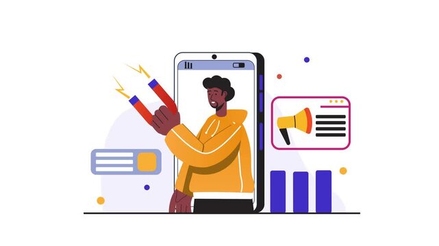 Animated digital marketing concept with smartphone, megaphone and charts