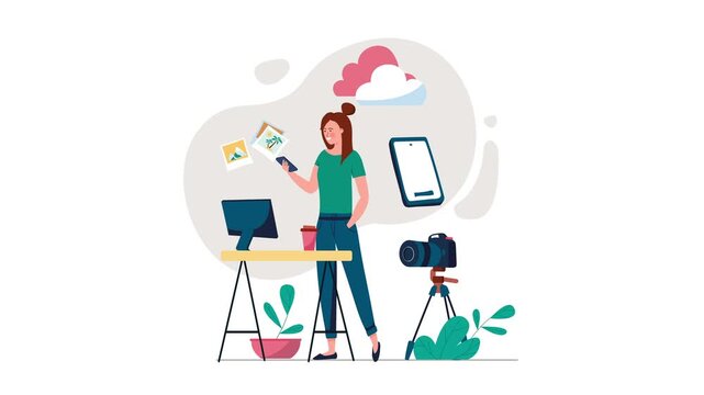 Animated woman creating social media content with phone and camera
