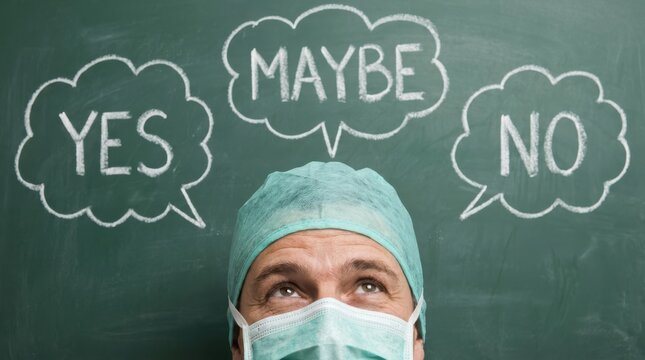 Doctor contemplating decision with yes maybe no options on chalkboard medical concept