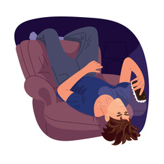 A relaxed man lying upside down on a armchair and using a smartphone at home at night. Concept of a cozy lifestyle and digital communication. Modern flat vector illustration. © Universe Mary