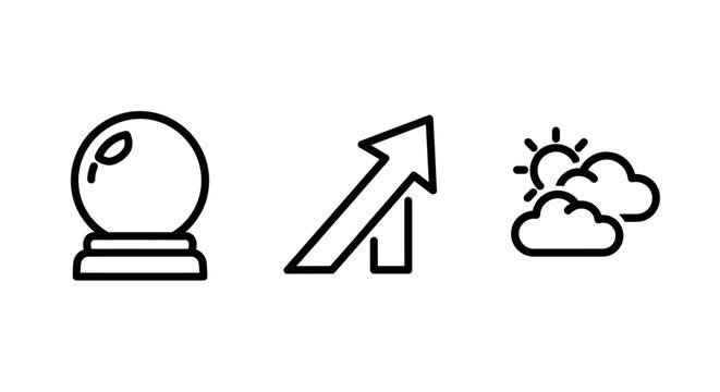 Fortune telling crystal ball, upward trend arrow, sunny weather cloud icons: future, growth, and outlook concepts in minimalist line art
