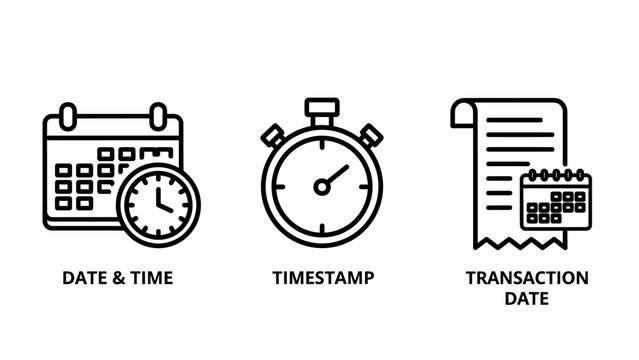 Calendar, clock, stopwatch, and receipt icons representing date, time, and transaction details, black and white