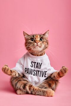 yoga cat sitting in a stay pawsitive shirt against a pink background in a cheerful playful pet portrait.