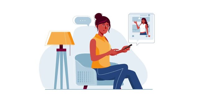 Woman using smartphone at home with social media chat notifications