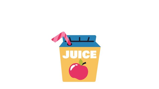 Flat animation of apple juice carton with straw on white background