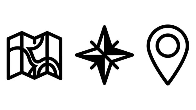Navigation map, compass rose, and location pin outline icons vector illustration for travel guide