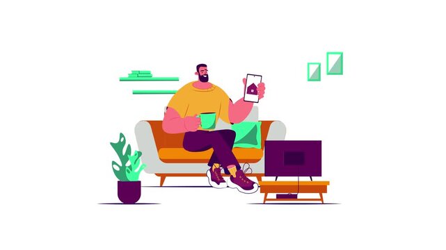 Animated man relaxing on sofa controlling smart home with smartphone