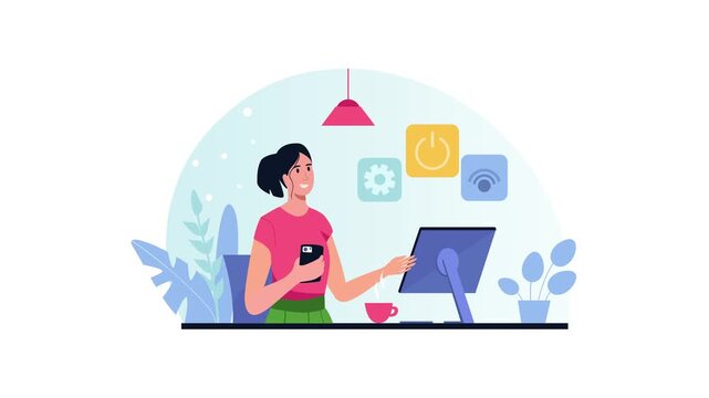 Woman using smartphone at computer with smart home app interface animation