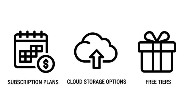 Subscription plans, cloud storage, and free tiers icons - digital service and pricing model line art vector, e commerce
