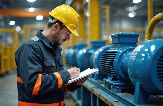 Engineer in hard hat checks industrial electric motors on factory floor. Man writes notes on clipboard. Technical worker inspects machinery. Professional at work in plant.