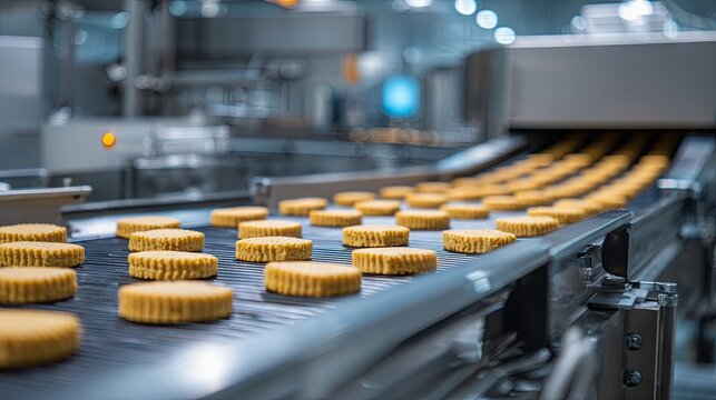 A modern industrial cookie production line showcasing efficient confectionery manufacturing processes
