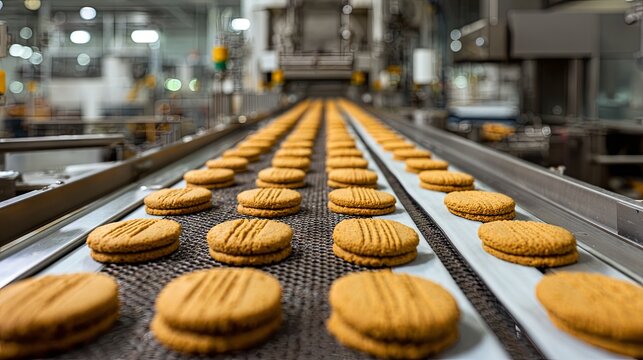 A modern industrial cookie production line showcasing efficient confectionery manufacturing processes
