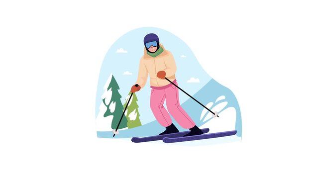 Animated skier descending snowy mountain slope in winter resort scene