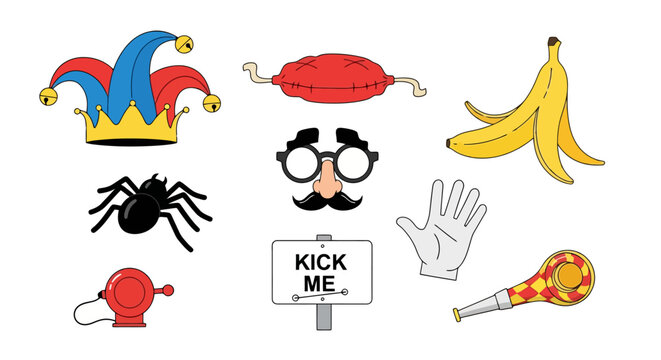 April Fools Day Vector Elements for Holiday Designs Spider Banana Peel Jester Hat Whistle Gag Glasses Whoopee Cushion Glove and Kick Me Sign