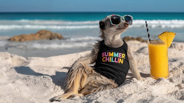 funny meerkat wearing sunglasses and a summer chillin shirt on a sunny beach beside a tropical cocktail.