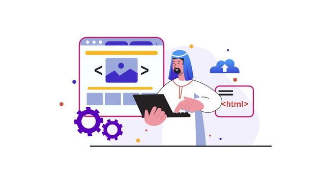 Flat illustration of web developer coding HTML interface with cloud upload