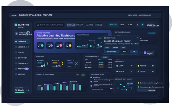 A dark mode course portal design template featuring an adaptive