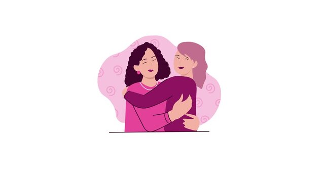 Animated illustration of two women hugging in a loving embrace on pink backgroun