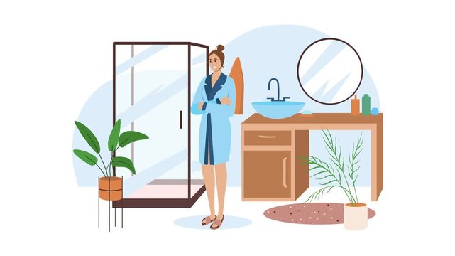Woman in bathrobe standing in modern bathroom interior with plants