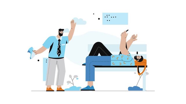 Animated office coworkers, one waving while another relaxes on bench