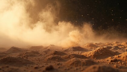 Fototapeta premium Dry ground with small hills shrouded in dust cloud. Particles swirl in hazy air. Faint light breaks through dark sky. Wind blows sand over rough terrain.