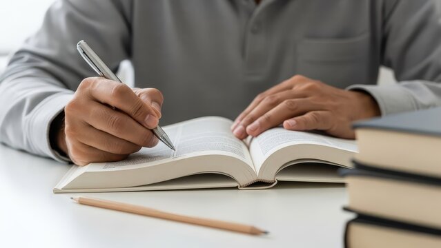 Person wearing a gray jacket writes in a notebook while studying at a desk