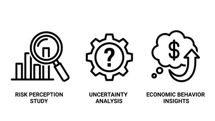 Obraz premium Business analysis and economic insights icons: risk perception study, uncertainty analysis, and economic behavior research concepts