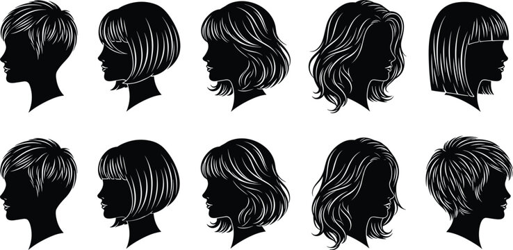 Black silhouette illustration of diverse women&rsquo;s hairstyle profiles including pixie, bob, layered, and wavy cuts in artistic design