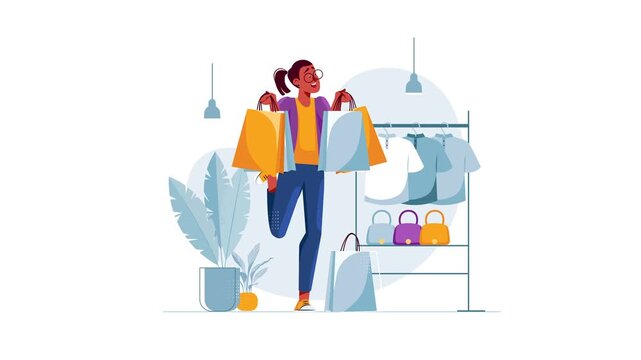 Animated woman shopping with bags in modern clothing store illustration
