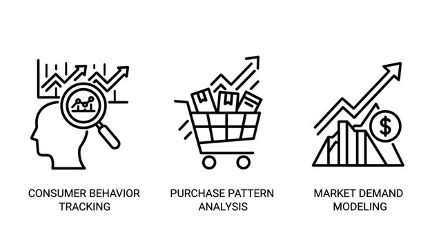 Market research icons set for consumer behavior tracking, purchase pattern analysis, and demand modeling vector graphic, e commerce