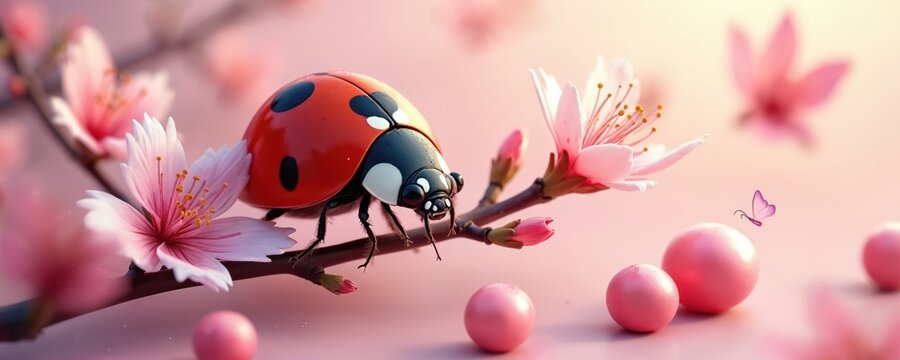 Red ladybug on pink cherry blossom branch. Small butterfly flies near pink spheres. Gentle spring scene with delicate flora and fauna. Soft focus background.
