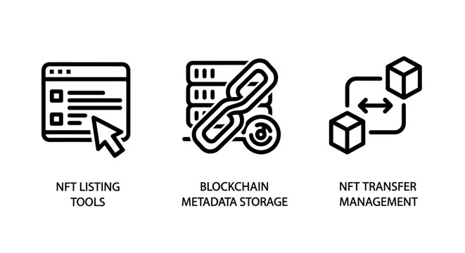 Nft and blockchain technology vector icons: listing tools, metadata storage, and transfer management for digital assets