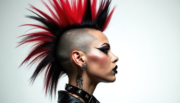 Punk rocker woman side profile with tall red, black spiky mohawk haircut. Bold dark makeup, studded jewelry accentuates edgy fashion style. Fierce attitude visible in facial expression, attire.
