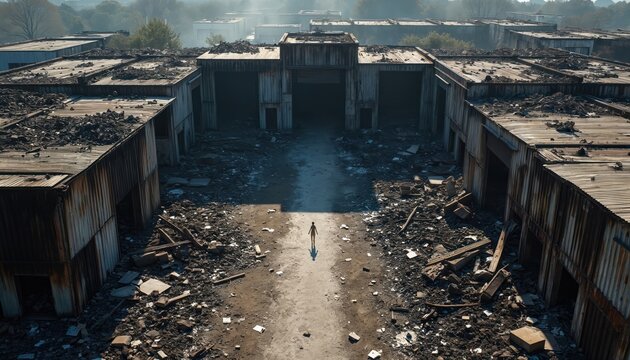 Person stands in destroyed industrial complex. Burnt down factory buildings show severe damage and debris. Ruined structures suggest disaster aftermath and.