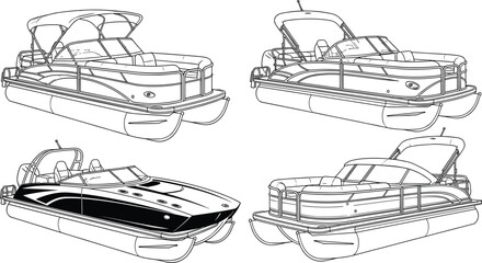 Set of minimalist pontoon boat line art illustrations featuring modern deck layouts, luxury seating, bimini tops, and sleek watercraft vessel designs. © "Hello"