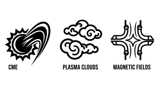 Space weather and astrophysics icons for coronal mass ejection plasma clouds and magnetic fields, solar science and galactic physics research illustration of celestial phenomenon symbols