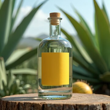 Clear tequila bottle with blank yellow label sits on wood slice outdoors. Agave plants grow in background under bright sun. Concept for alcoholic drink.