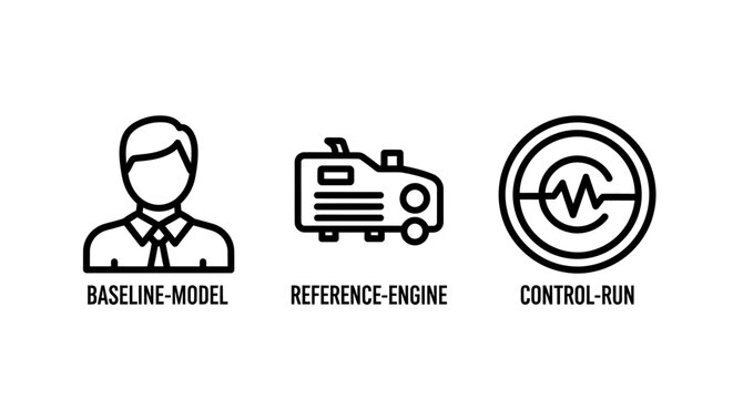 Industrial process management icon set including baseline model avatar, reference engine machinery, and control run monitoring gauge for engineering, manufacturing, and quality assurance
