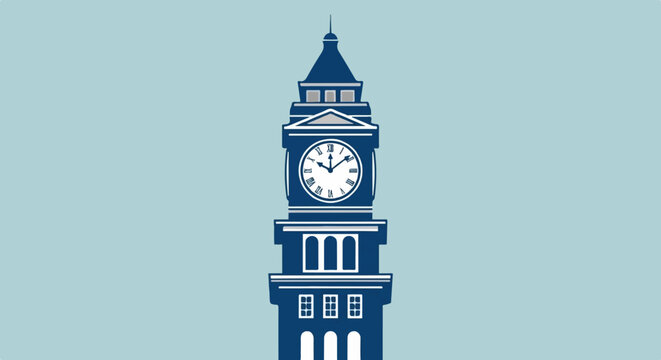 Stylized illustration of a blue and white clock tower with Roman numerals