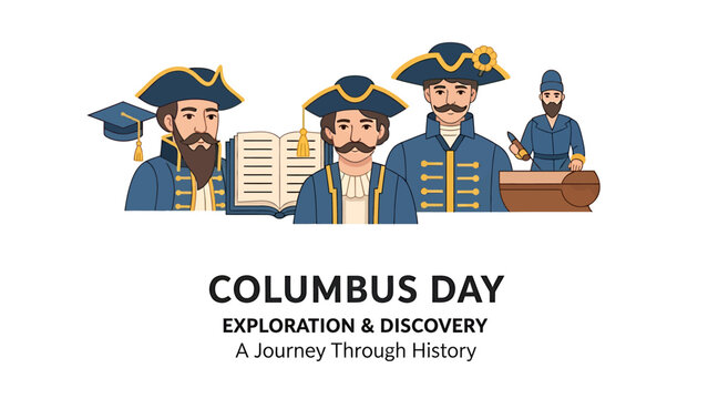 Columbus day illustration featuring christopher columbus with sailors and historical symbols for exploration and discovery on a white background for education and holiday celebration theme
