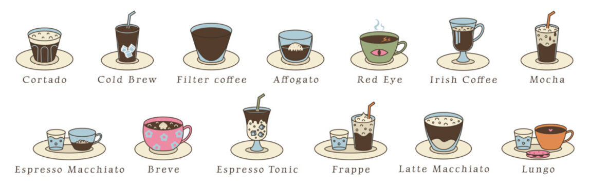 Coffee types, retro color illustration vector set. Cortado, Cold Brew, Filter Coffee, Affogato, Red Eye, Irish Coffee, Mocha, Espresso Macchiato, Breve, Espresso Tonic, Frappe, Latte Macchiato, Lungo