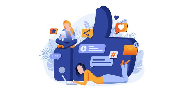 Social media engagement animation with women and thumbs up icon
