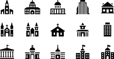 Fototapeta premium Government and city building icons set including church, capitol, courthouse, school, office and institutional architecture symbols, solid black vector collection