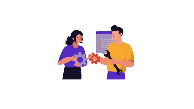 Flat teamwork illustration of woman and man exchanging gears and wrench
