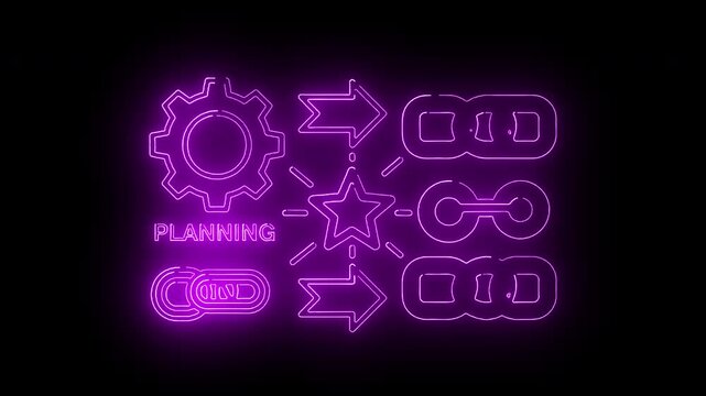 Neon purple flowchart diagram with planning, gear, and link icons on a black background with a futuristic and technological mood.
