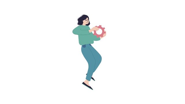Flat vector woman holding gear isolated on white background illustration